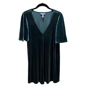 ModCloth Emerald Green Swing Dress Crushed Velvet V-Neck w Flutter Sleeves NWT
